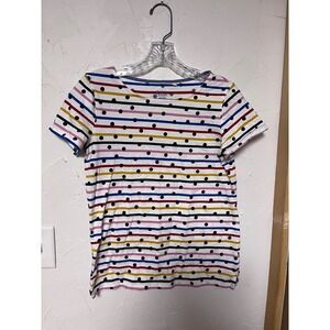 Boden White Striped Tee with Pink, Yellow & Blue Dots